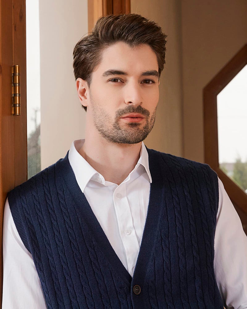 Kallspin Men's Cable Knit Sweater Vest Wool Blend V Neck Button Down Sleeveless Cardigan Vest(Navy Blue, 2X-Large) - Image 5